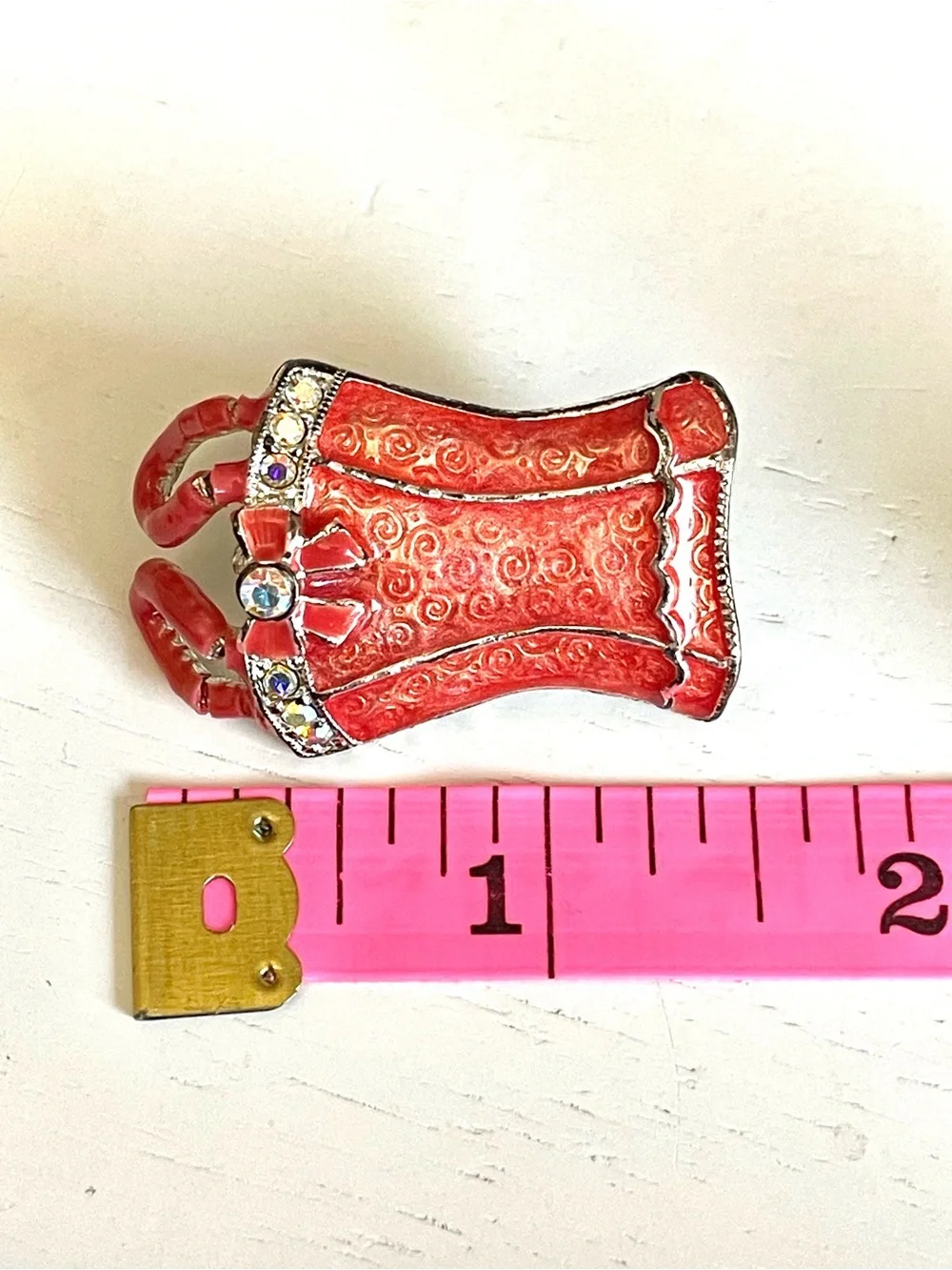 Tanya Creations Vintage Red Enamel Corset Brooch AB Rhinestones Pin Up Burlesque